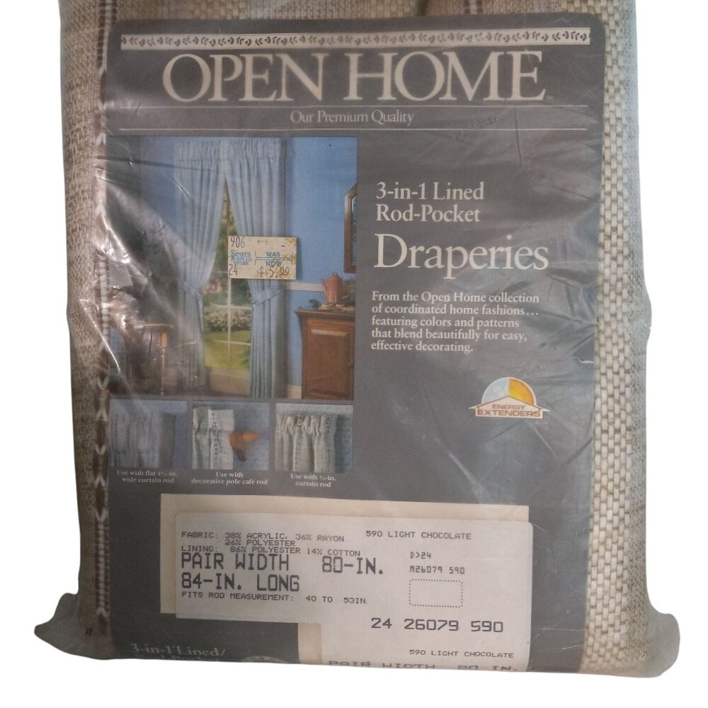 Sears 3-In-1 Lined Rod-Pocket Draperies Pair 80" x 84" Light Chocolate Vtg NEW